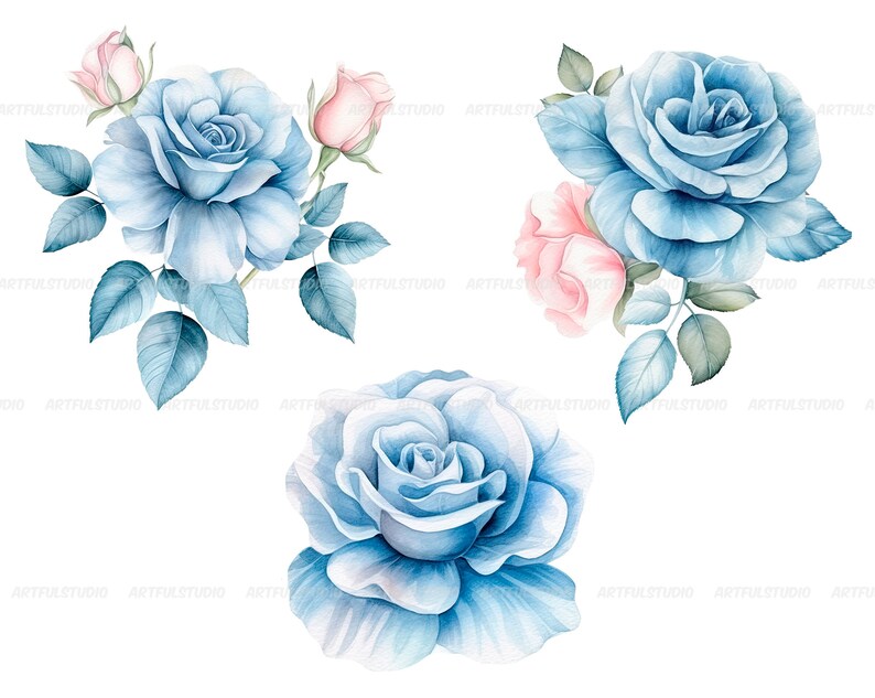 Watercolor blue delicate roses clipart flower illustration floral arrangements, dusty light blue rose pastel vintage wedding flowers image 9