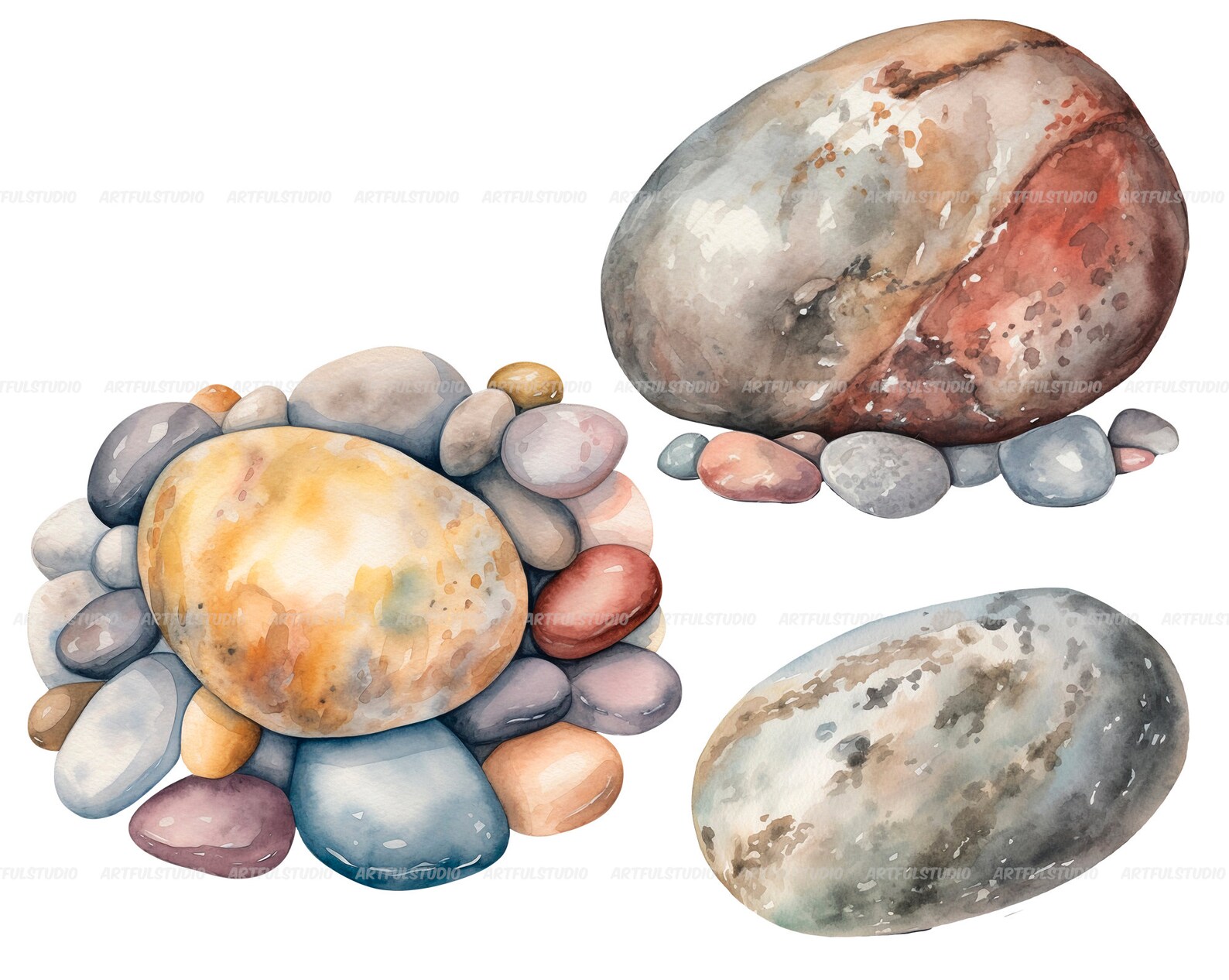 Pebbles Graphics Watercolor Beach Pebbles Clipart: Stone Graphics (PNG Digital Download ...