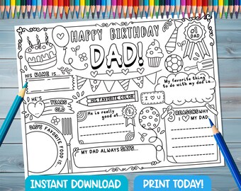 Happy Birthday Dad Malseite: Ausmalbild zum Ausdrucken (Digitaler Download)