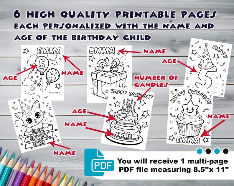 Customizable Happy Birthday PDF coloring book Personalized Printable coloring pages for kids for kids activity Custom Birthday Party image 2