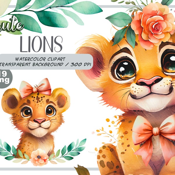 Watercolor cute baby lions clipart-Realistic lion with flower-Baby Shower Graphics-Nursery Decor Wall Art-African Animal-pet portrait