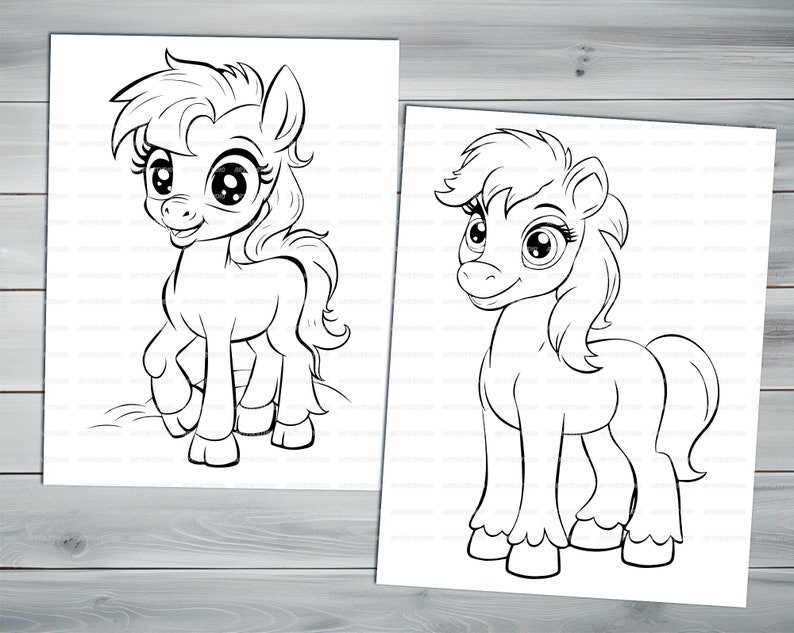 Cute little pony PDF coloring book Printable colouring pages for kids Cartoon cute funny horses coloring thick outlines farm animals image 4