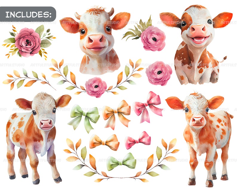 Watercolor Cute Baby Cows Clipart-realistic Calfs With - Etsy