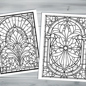 Stained glass PDF coloring book Printable colouring pages for adults colorful glass, mosaic pattern stained-glass window for coloring image 9