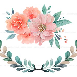 May include: Watercolor painting of a floral arrangement with pink and peach flowers and green leaves. The flowers are arranged in a circle with the leaves forming a border around the flowers.