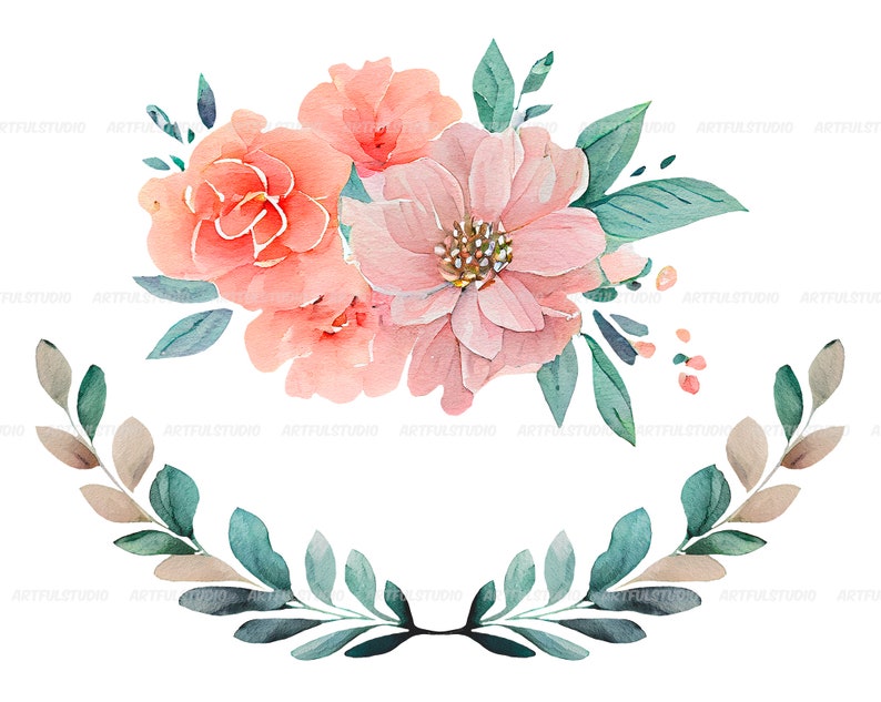 May include: Watercolor painting of a floral arrangement with pink and peach flowers and green leaves. The flowers are arranged in a circle with the leaves forming a border around the flowers.