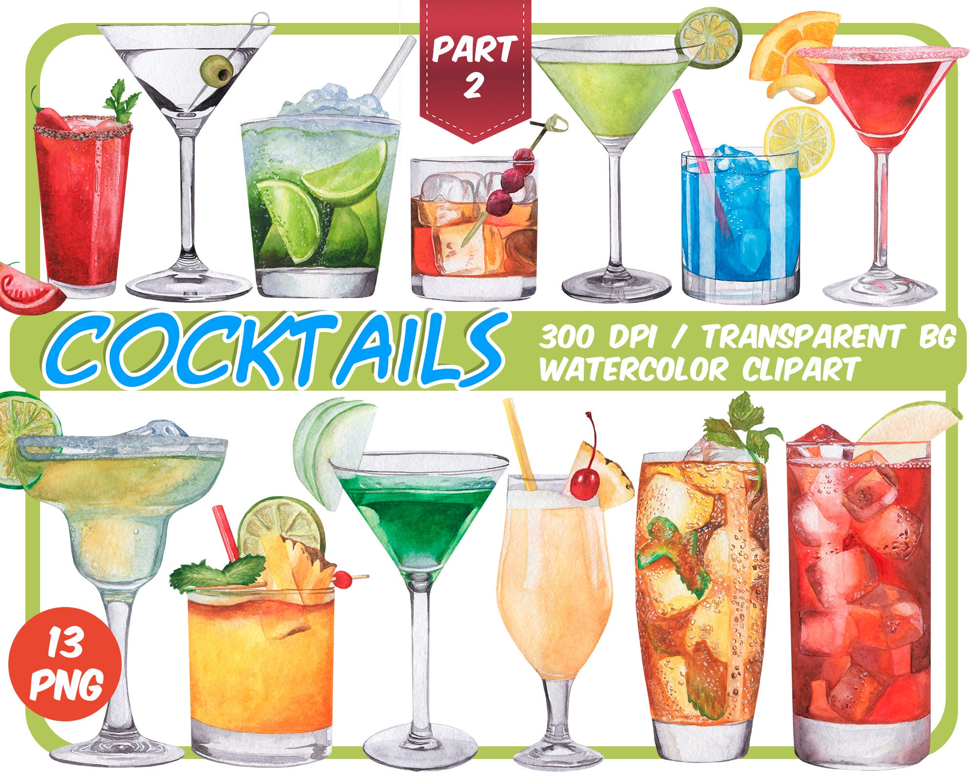 Watercolor Tropical Cocktails Clipart-signature Cocktails-alcoholic ...