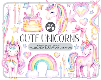 Wasserfarben süße Einhörner Clipart - Cartoon Pferde party Dekor - Baby Shower Grafik - Kinder-Kinderzimmer-Stil-pastell zarte digitale Aufkleber