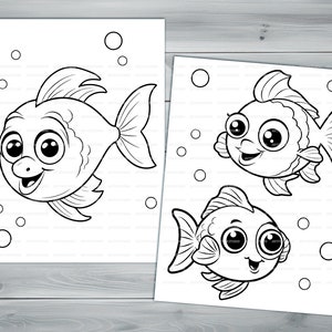 Kawaii fish PDF coloring book Printable colouring pages for kids Cartoon cute small fish, underwater scene, goldfish thick outlines image 8