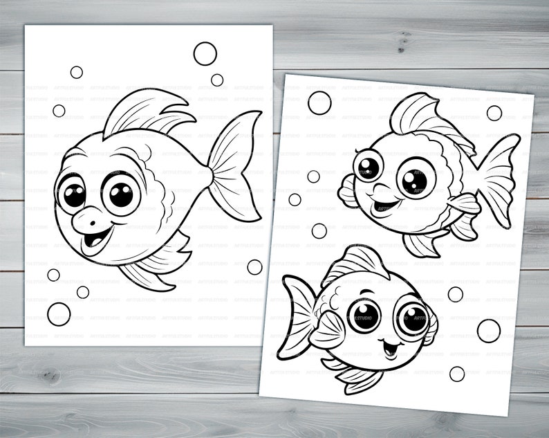 Kawaii fish PDF coloring book Printable colouring pages for kids Cartoon cute small fish, underwater scene, goldfish thick outlines image 8