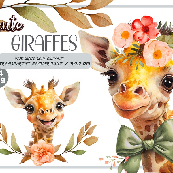 Watercolor cute baby giraffes clipart-Realistic giraffe with flower portrait-Baby Shower Graphics-Nursery Decor - Wall Art-African Animals