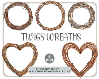 Watercolor wreaths of twigs - empty wreaths for creating compositions - Rustic sticks, twigs, vine PNG - frame wedding - invitation clipart