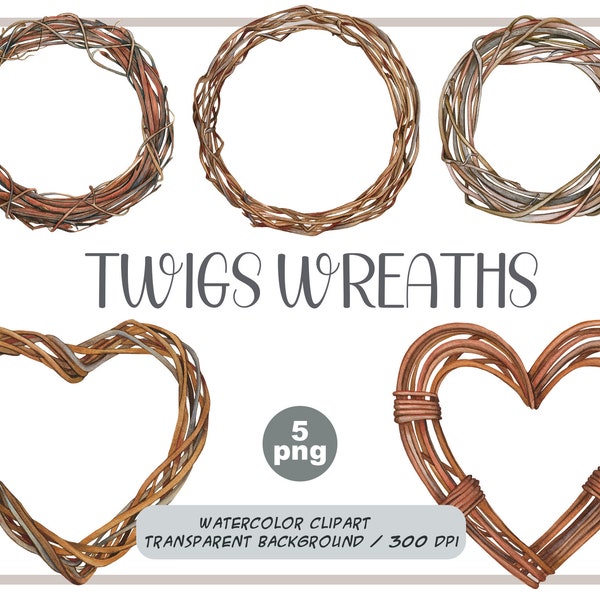 Watercolor wreaths of twigs - empty wreaths for creating compositions - Rustic sticks, twigs, vine PNG - frame wedding - invitation clipart