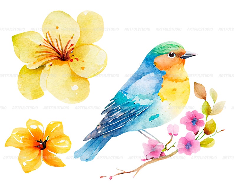 Watercolor spring clipart-Spring flowers-Botanical illustration-Easter Blossom-spring birds and lantern-Floral Decor-Instant download image 3