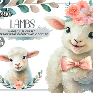 May include: A digital illustration of two cute lambs. One lamb is wearing a pink bow and a flower crown. The other lamb is wearing a floral wreath. The text "cute LAMBS WATERCOLOR CLIPART TRANSPARENT BACKGROUND / 300 DPI 13 png" is in the top left corner of the image.