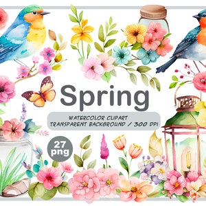 Aquarell Frühling Clipart-Frühlingsblumen-Botanische Illustration-Osterblüte-Frühlingsvögel und Laterne-Florales Dekor-Sofortiger Download