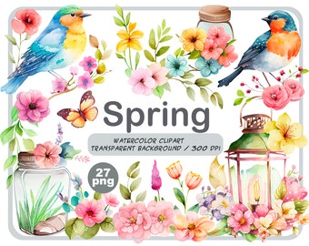 Watercolor spring clipart-Spring flowers-Botanical illustration-Easter Blossom-spring birds and lantern-Floral Decor-Instant download