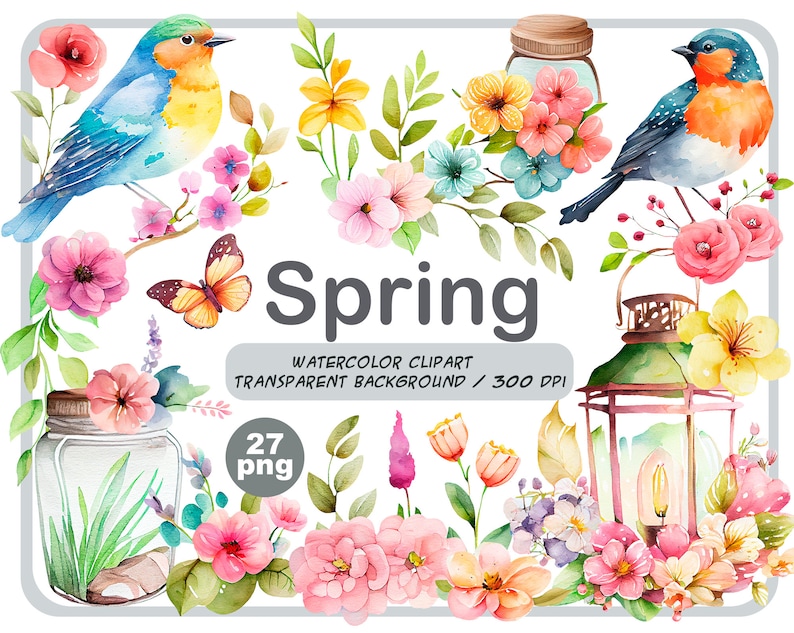 Watercolor spring clipart-Spring flowers-Botanical illustration-Easter Blossom-spring birds and lantern-Floral Decor-Instant download image 1