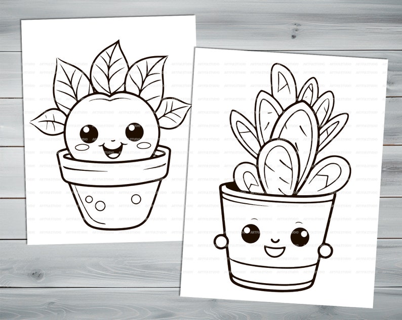 Anime kawaii plants PDF coloring book Printable colouring pages for little kids cartoon funny characters thick outlines houseplants image 8