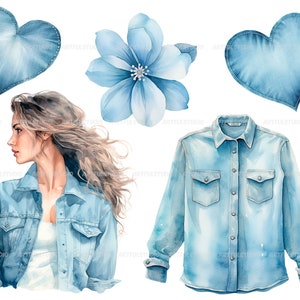 Watercolor love denim clipart denim items: clothing, jeans, shirt, bag, sneakers blue and pink denim fashion blue flowers jeans PNG image 9