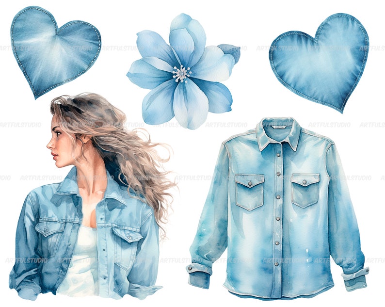 Watercolor love denim clipart denim items: clothing, jeans, shirt, bag, sneakers blue and pink denim fashion blue flowers jeans PNG image 9