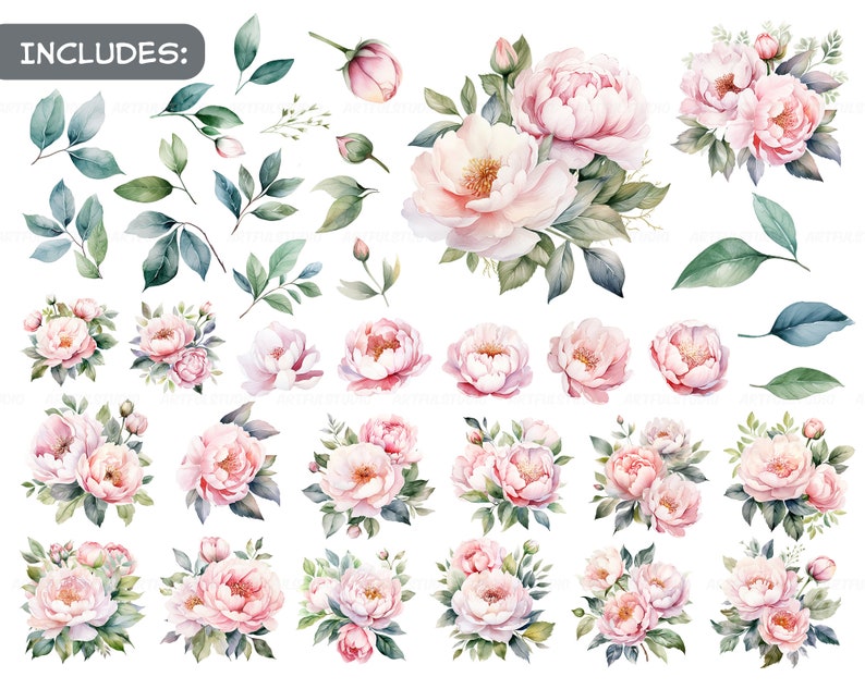 Watercolor pastel peonies clipart Dusty Pink Blush Light Floral Clip Art pink floral graphic pastel vintage peonies-wedding flowers PNG image 2