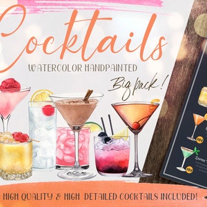 Aquarelle BIG BUNDLE Cocktails clipart set-signature cocktails-Alcoholic Drinks-Summer tropical graphics-Party Bar menu-martini, margarita