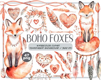 Aquarell niedliche Boho Füchse Clipart - Cartoon Fuchs Party Dekor - Baby Shower Grafik - Kinder-Kinderzimmer-Stil-pastell zarte digitale Aufkleber