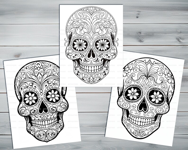 Calavera skull PDF coloring book Printable colouring pages for adults mexican traditions day of the dead halloween skull and flowers image 8