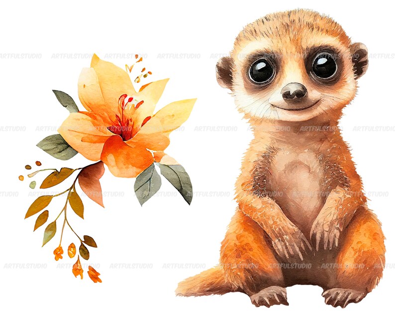 Watercolor cute baby meerkats clipart-Realistic meerkat with flower-Baby Shower Graphics-Nursery Decor Wall Art-African Animal's portrait image 3