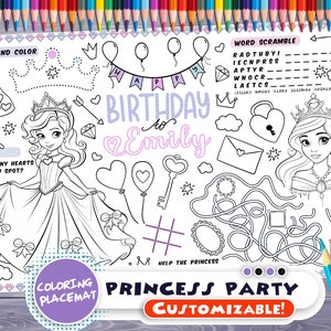 Customizable princess Party Placemat Happy Birthday coloring book Personalized Printable coloring page Little girl Custom Birthday Party image 1