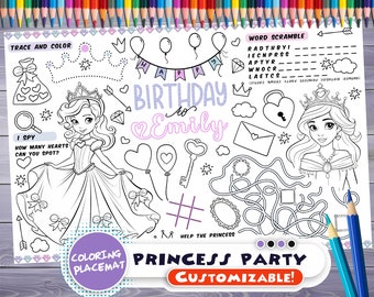 Customizable princess Party Placemat - Happy Birthday coloring book -Personalized Printable coloring page -Little girl Custom Birthday Party