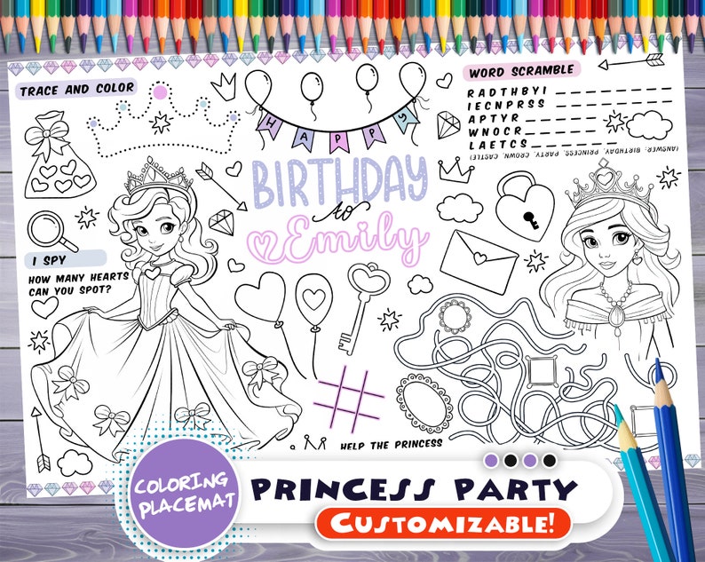 Customizable princess Party Placemat Happy Birthday coloring book Personalized Printable coloring page Little girl Custom Birthday Party image 1