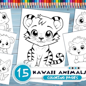 Kawaii animals PDF coloring book - Printable colouring pages for kids - Cartoon pets and wild animals -thick outlines -frog, tiger, elephant