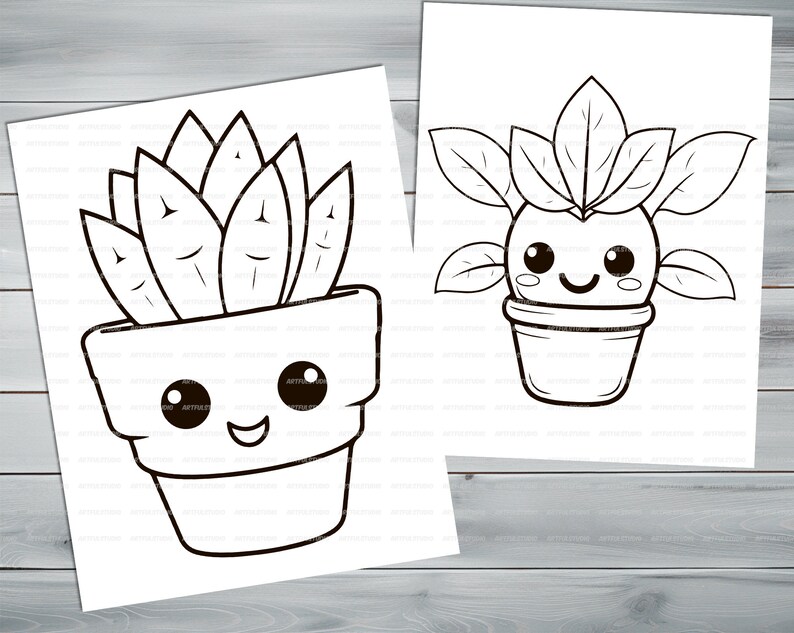 Anime kawaii plants PDF coloring book Printable colouring pages for little kids cartoon funny characters thick outlines houseplants image 3