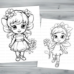 Flower fairies PDF coloring book Printable colouring pages for kids Cartoon floral fairy thick outlines for children's creativity image 3