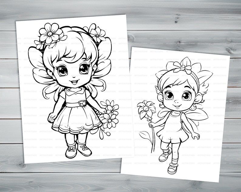 Flower fairies PDF coloring book Printable colouring pages for kids Cartoon floral fairy thick outlines for children's creativity image 3