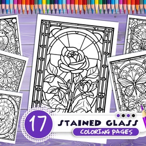 Stained glass PDF coloring book Printable colouring pages for adults colorful glass, mosaic pattern stained-glass window for coloring image 1