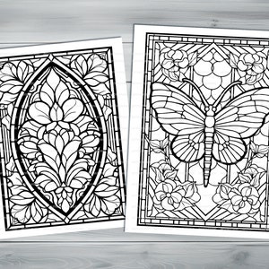 Stained glass PDF coloring book Printable colouring pages for adults colorful glass, mosaic pattern stained-glass window for coloring image 7
