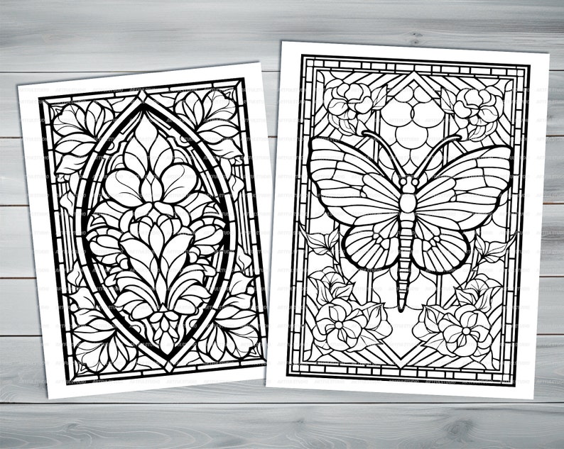 Stained glass PDF coloring book Printable colouring pages for adults colorful glass, mosaic pattern stained-glass window for coloring image 7