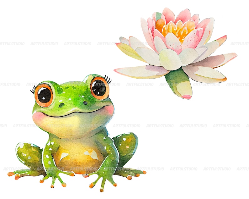 Watercolor cute baby frogs clipart-Realistic frog with flower-Baby Shower Graphics-Nursery Decor Wall Art-Woodland Animal-Amphibian portrait image 6