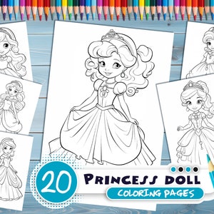 Princess doll PDF coloring book Printable colouring pages for kids Cute Cartoon girl coloring thick outlines for children's creativity image 1