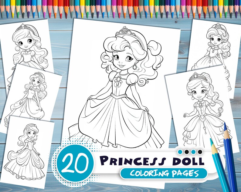 Princess doll PDF coloring book Printable colouring pages for kids Cute Cartoon girl coloring thick outlines for children's creativity image 1