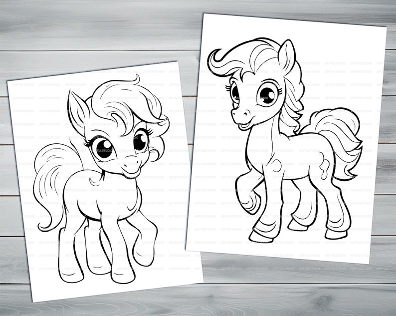 Cute little pony PDF coloring book Printable colouring pages for kids Cartoon cute funny horses coloring thick outlines farm animals image 6