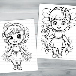 Flower fairies PDF coloring book Printable colouring pages for kids Cartoon floral fairy thick outlines for children's creativity image 5