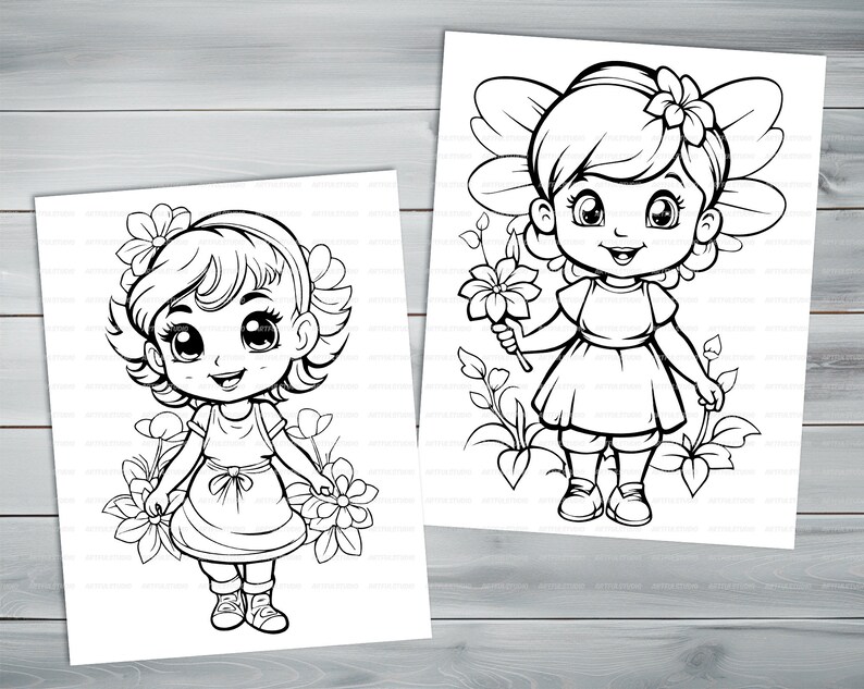 Flower fairies PDF coloring book Printable colouring pages for kids Cartoon floral fairy thick outlines for children's creativity image 5