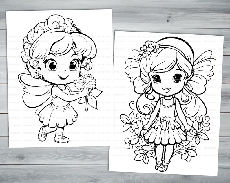 Flower fairies PDF coloring book Printable colouring pages for kids Cartoon floral fairy thick outlines for children's creativity image 9