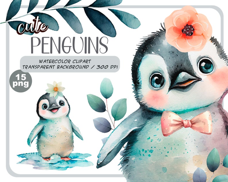 Aquarell süße Baby Pinguine Clipart-Realistischer Pinguin mit Blume