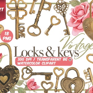 Watercolor vintage heart Keys and locks clip art-Bronze Antique Keys and locks with hearts-love-wedding-old romantic keys-Instant download