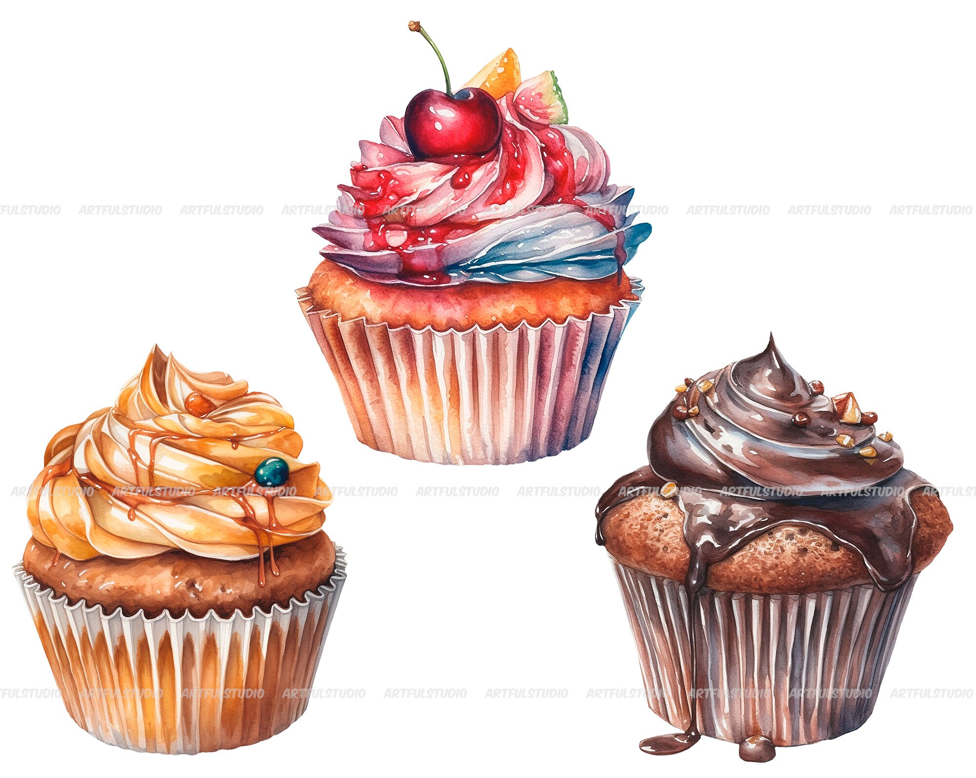 Watercolor Cupcakes Clipart-colourful Sweets Png-food - Etsy